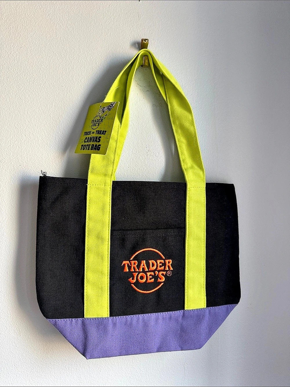 Trader Joe's Trick-or-Treat Mini Canvas Tote Bag Black & Purple